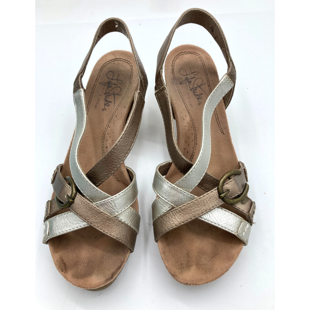 Life Stride NaturalWedge Sandals Woman's 6M Cork Like Heel Platinum/Chrome Shoes